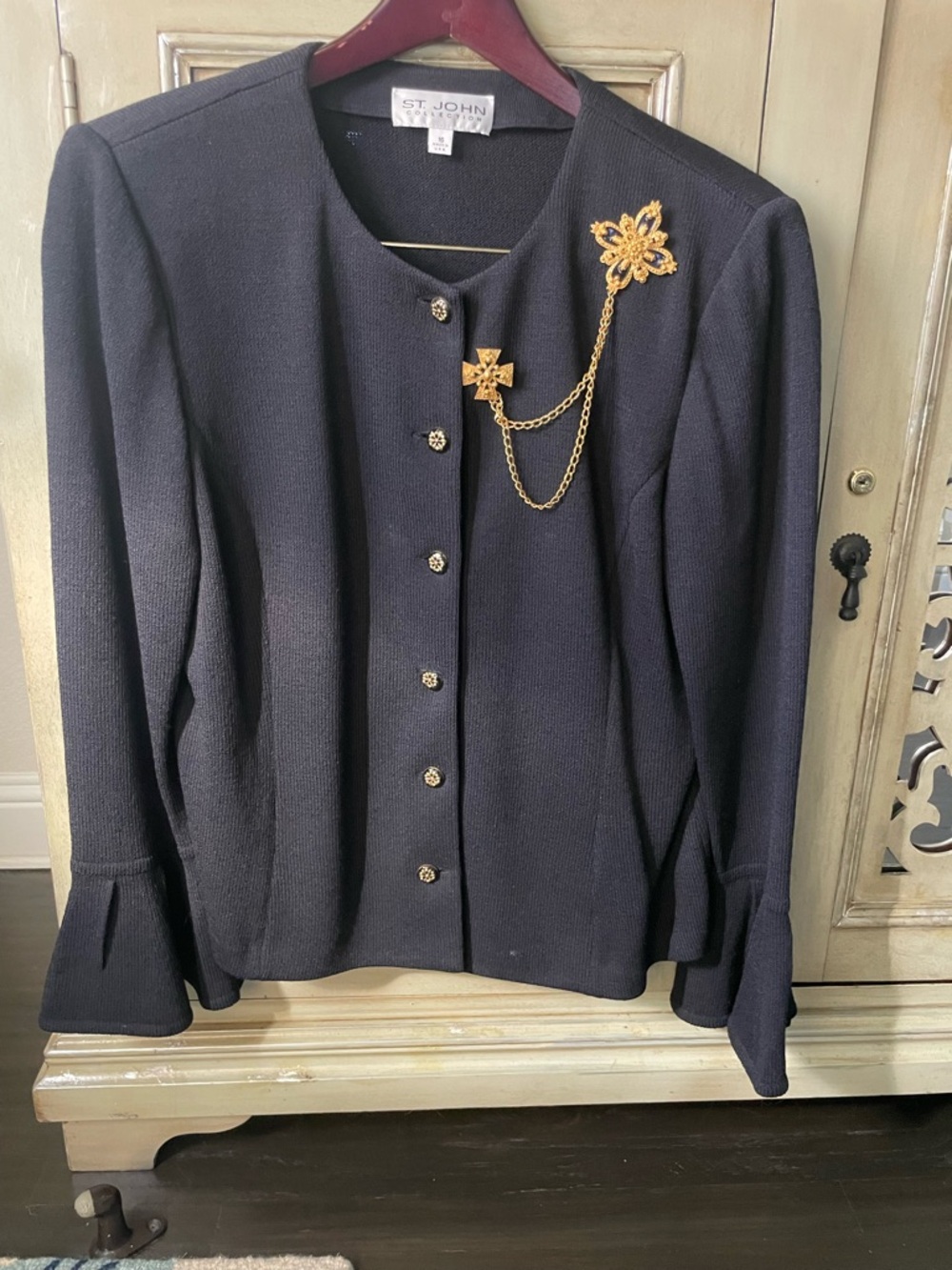 St. John Black Knit Jacket with Gold Chain Brooch and Bell Sleeves